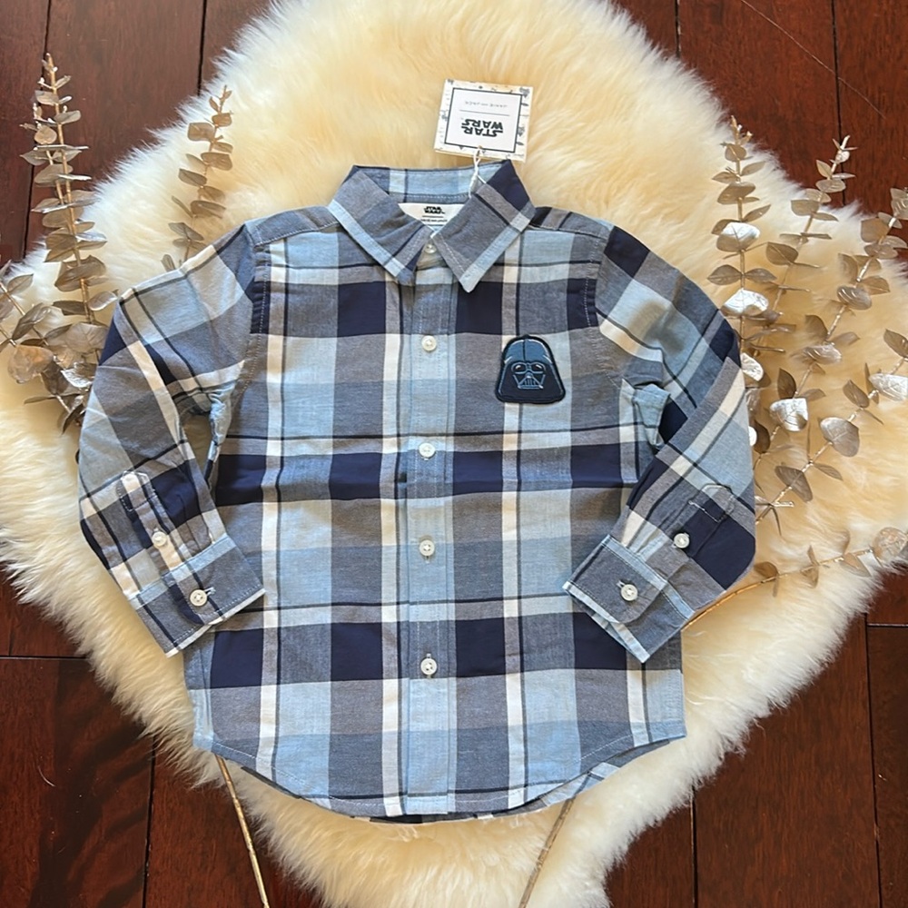 NWT Janie and Jack X Star Wars blue plaid oxford boys dress shirt Darth Vader!